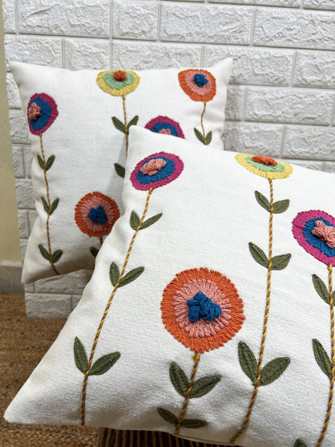 Set of 2 Hand Embroidery Decorative Art Boho Pillow Flower Shape Cushion Cover