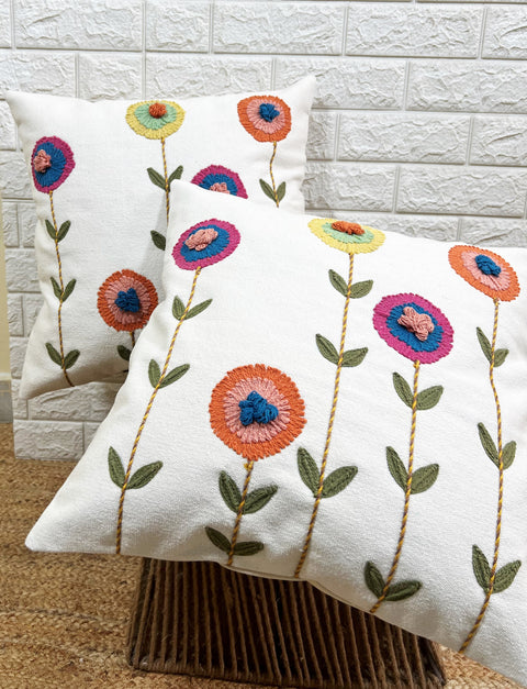 Set of 2 Hand Embroidery Decorative Art Boho Pillow Flower Shape Cushion Cover