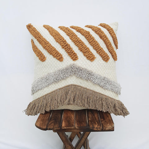 Set Of 3 Tufted Texture Boho Off-White Mustard Yellow Fringe Cushion Cover