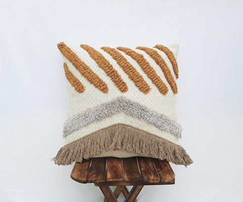 Set Of 2 Tufted Texture Boho Off-White Mustard Yellow Fringe Cushion Cover