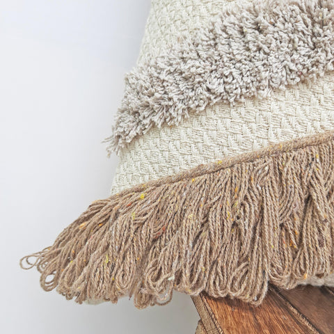 Tufted Texture Boho Off-White and Mustard Yellow Fringe Cushion Cover