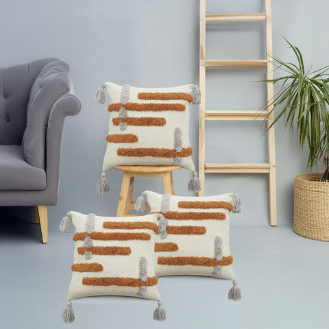 Set Of 3 Tufted Texture Boho Off-White Mustard Yellow Tassel Cushion Cover