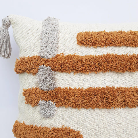 Set Of 2 Tufted Texture Boho Off-White Mustard Yellow Tassel Cushion Cover