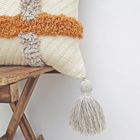 Set Of 2 Tufted Texture Boho Off-White Mustard Yellow Tassel Cushion Cover