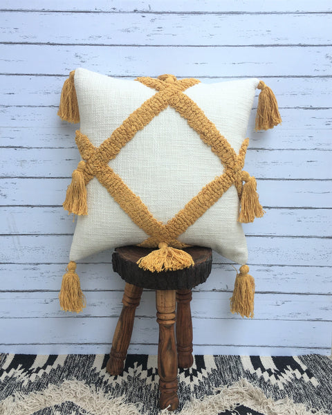 Set Of 3 Tufted Texture Boho Ivory Mustard Yellow Tassel Cushion Cover