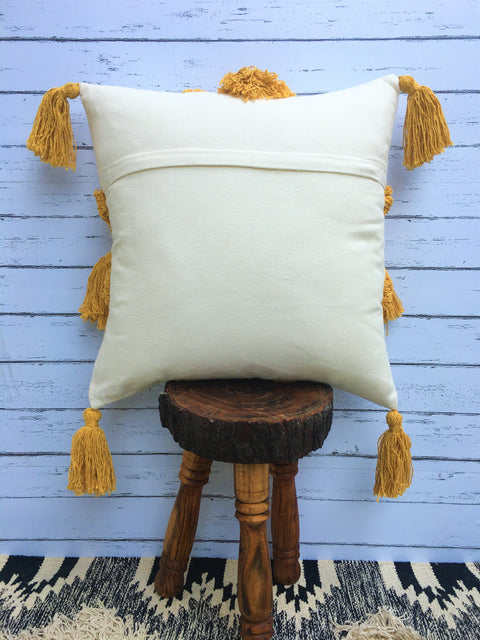 Set Of 3 Tufted Texture Boho Ivory Mustard Yellow Tassel Cushion Cover
