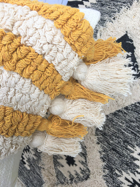 Set Of 3 Tufted Texture Boho Ivory Mustard Yellow Tassel Cushion Cover