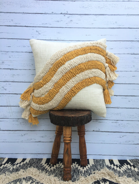 Tufted Texture Boho Ivory and Mustard Yellow Tassel Cushion Cover