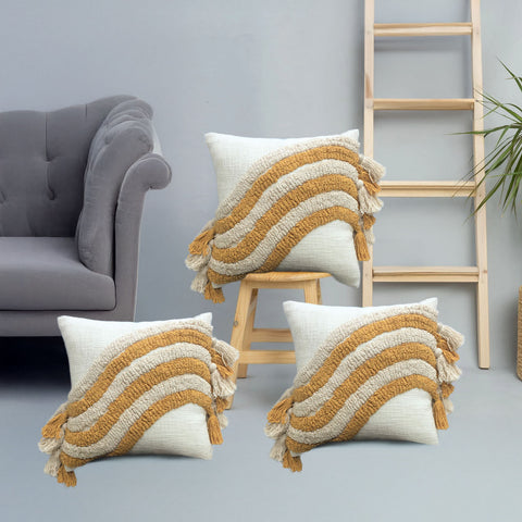 Set Of 3 Tufted Texture Boho Ivory Mustard Yellow Tassel Cushion Cover