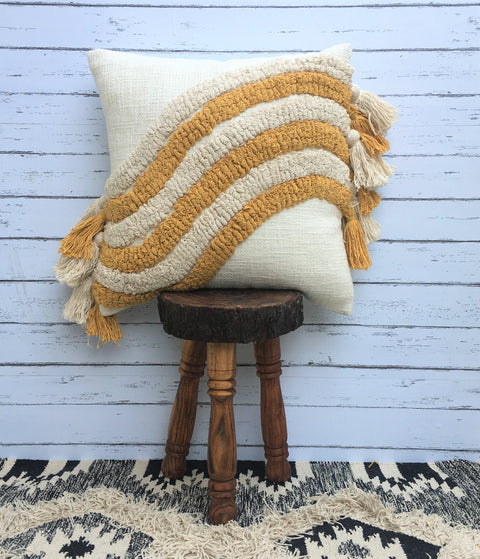 Tufted Texture Boho Ivory and Mustard Yellow Tassel Cushion Cover