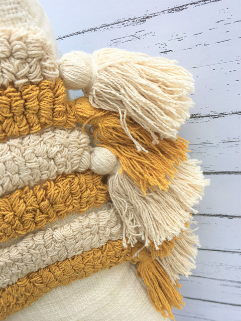 Set Of 3 Tufted Texture Boho Ivory Mustard Yellow Tassel Cushion Cover