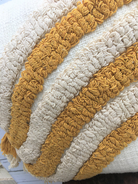 Set Of 3 Tufted Texture Boho Ivory Mustard Yellow Tassel Cushion Cover