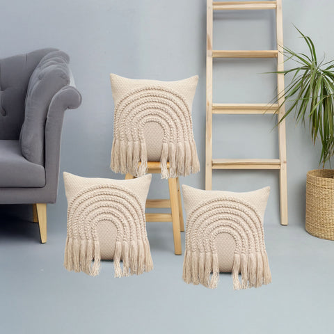 Set Of 3 Tufted Texture Boho Ivory Ivory Fringe Cushion Cover