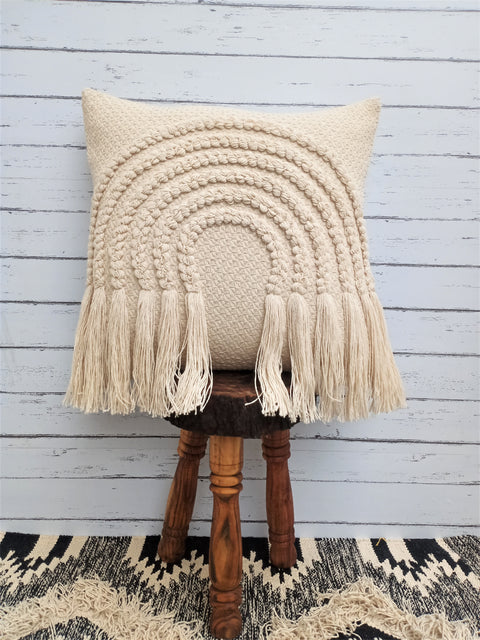 Tufted Texture Boho Ivory and Ivory Fringe Cushion Cover