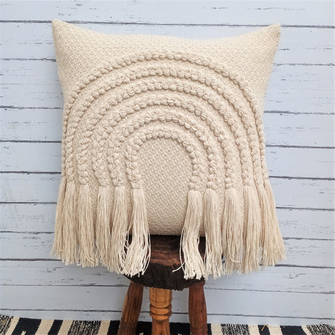 Tufted Texture Boho Ivory and Ivory Fringe Cushion Cover