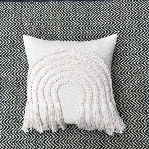 Tufted Texture Boho Ivory and Ivory Fringe Cushion Cover