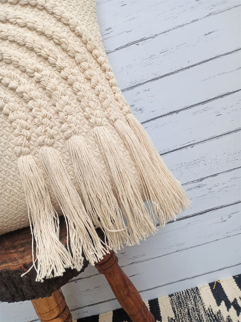 Tufted Texture Boho Ivory and Ivory Fringe Cushion Cover