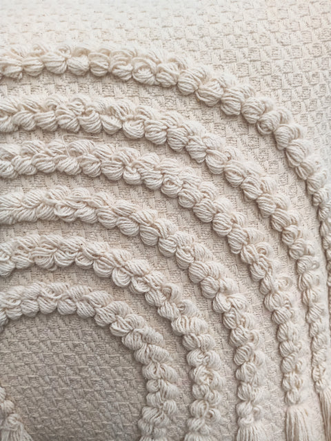 Tufted Texture Boho Ivory and Ivory Fringe Cushion Cover