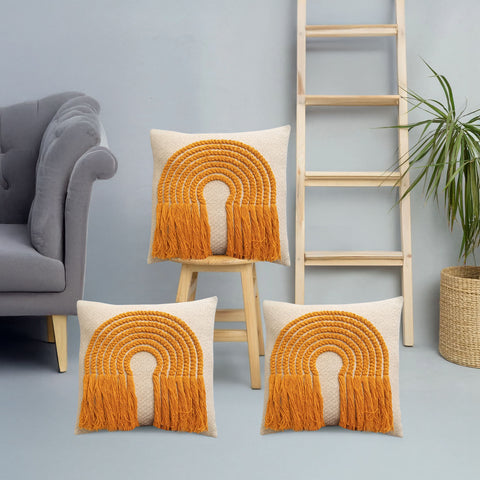 Set Of 3 Tufted Texture Boho Ivory Yellow Fringe Cushion Cover