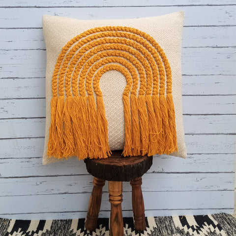 Tufted Texture Boho Ivory and Yellow Fringe Cushion Cover