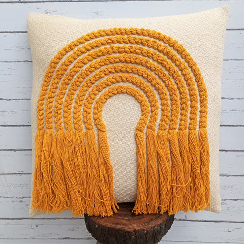 Tufted Texture Boho Ivory and Yellow Fringe Cushion Cover