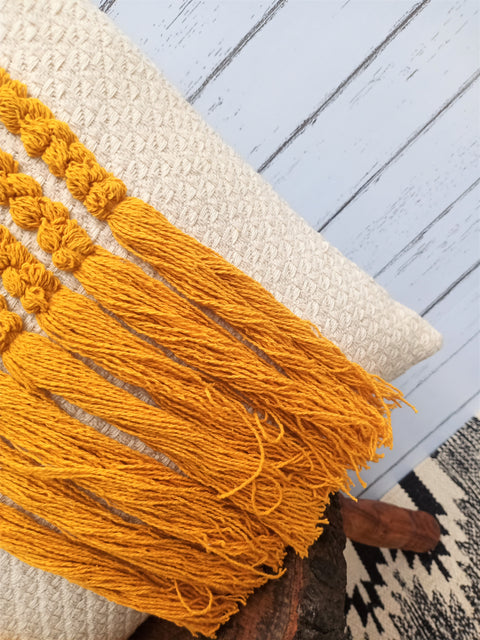 Tufted Texture Boho Ivory and Yellow Fringe Cushion Cover