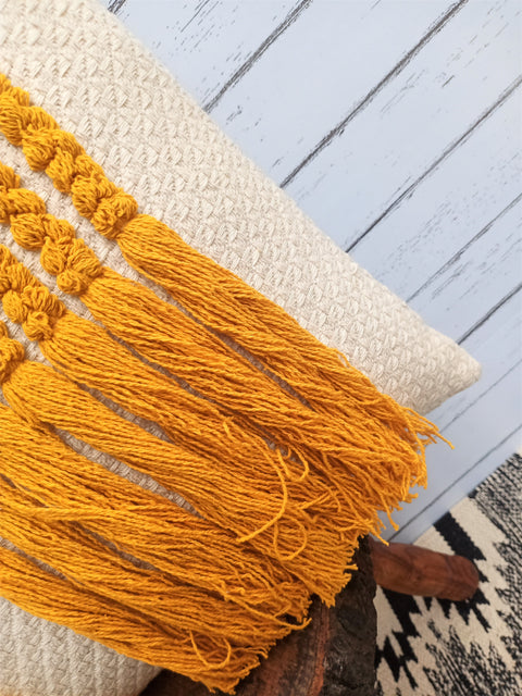 Set Of 3 Tufted Texture Boho Ivory Yellow Fringe Cushion Cover
