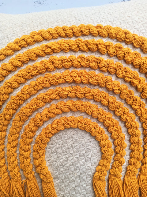 Set Of 3 Tufted Texture Boho Ivory Yellow Fringe Cushion Cover