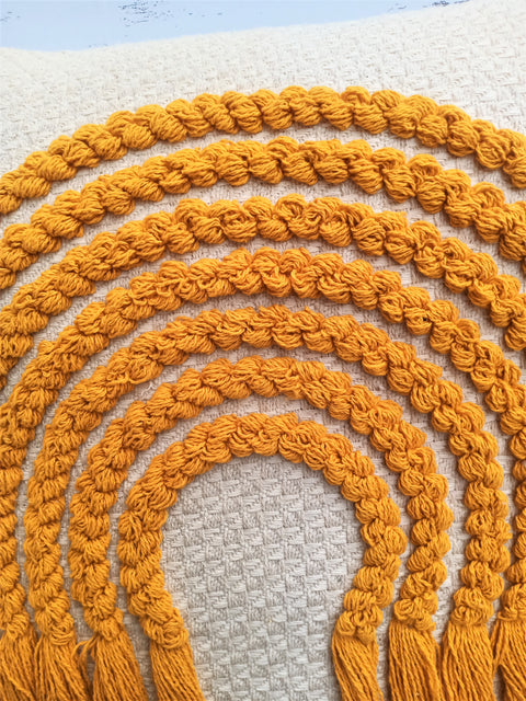 Tufted Texture Boho Ivory and Yellow Fringe Cushion Cover