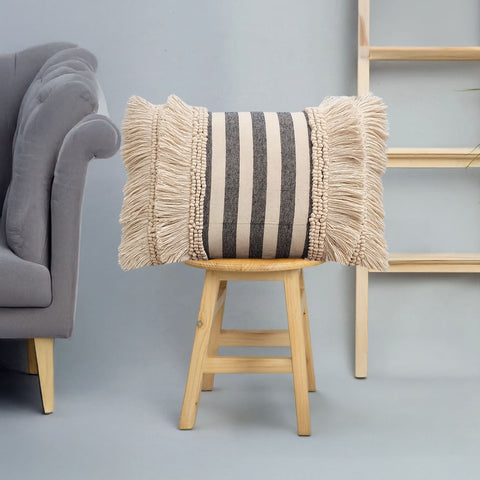 Tufted Texture Boho Off-White and Black Stripe Fringe Cushion Cover