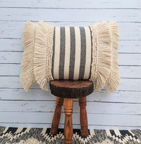 Tufted Texture Boho Off-White and Black Stripe Fringe Cushion Cover