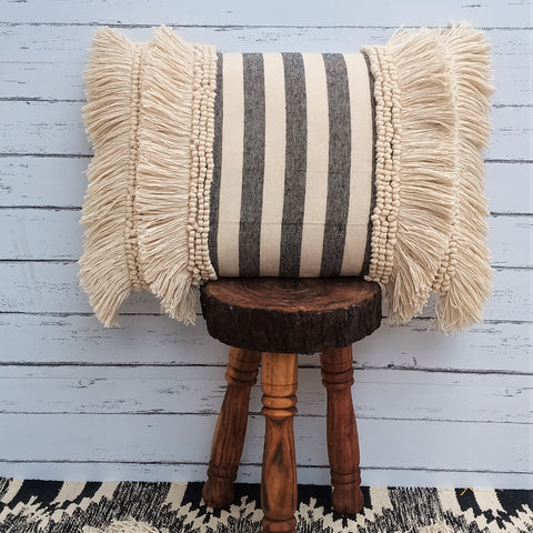Tufted Texture Boho Off-White and Black Stripe Fringe Cushion Cover