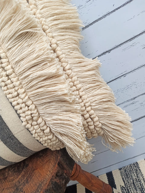 Tufted Texture Boho Off-White and Black Stripe Fringe Cushion Cover