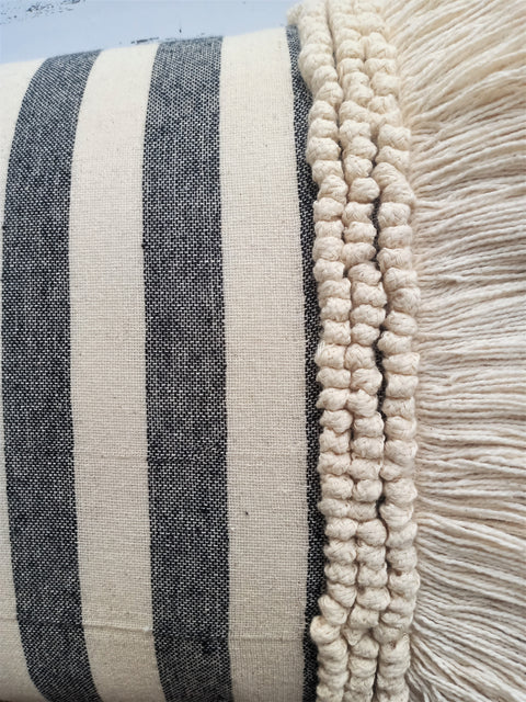 Tufted Texture Boho Off-White and Black Stripe Fringe Cushion Cover