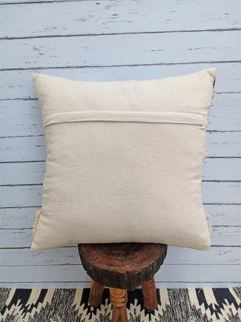 Tufted Texture Boho Off-White and Black Stripe Fringe Cushion Cover