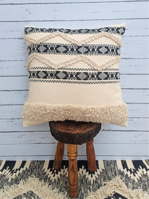 Tufted Texture Boho Off-White and Black Stripe Fringe Cushion Cover