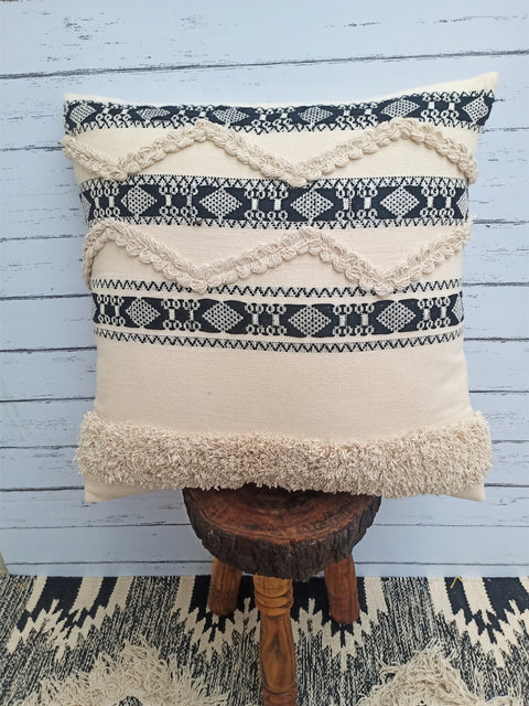 Tufted Texture Boho Off-White and Black Stripe Fringe Cushion Cover