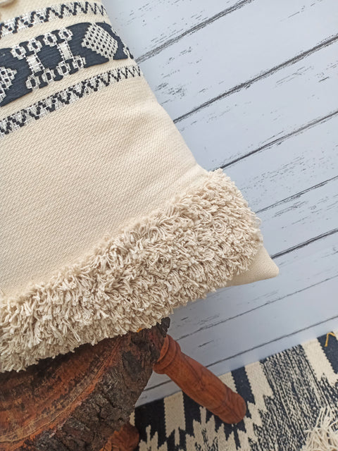 Tufted Texture Boho Off-White and Black Stripe Fringe Cushion Cover