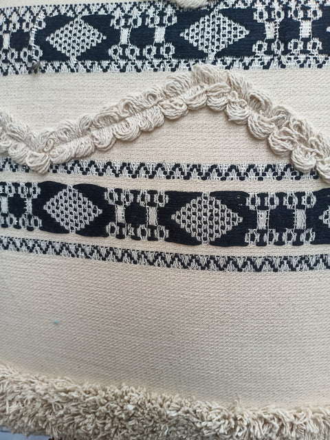 Tufted Texture Boho Off-White and Black Stripe Fringe Cushion Cover
