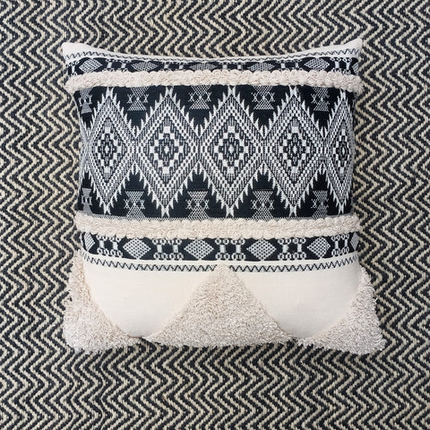 Tufted Texture Boho Off-White and Black Stripe Fringe Cushion Cover