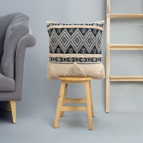 Tufted Texture Boho Off-White and Black Stripe Fringe Cushion Cover