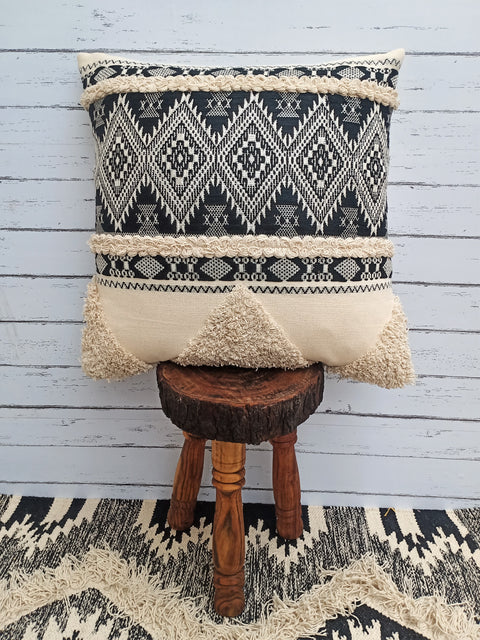 Tufted Texture Boho Off-White and Black Stripe Fringe Cushion Cover