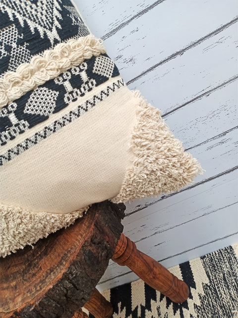 Tufted Texture Boho Off-White and Black Stripe Fringe Cushion Cover