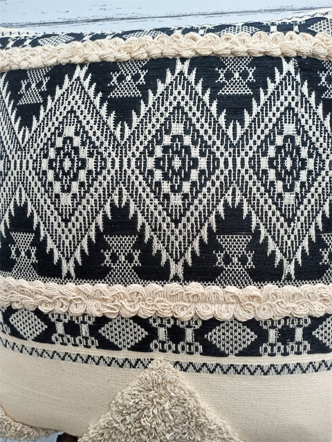 Tufted Texture Boho Off-White and Black Stripe Fringe Cushion Cover