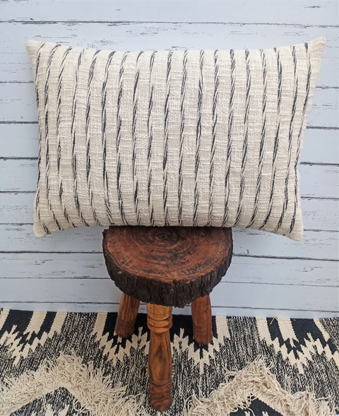 Set Of 3 Hand Tufted Texture Boho Off-White Blue Stripe Cushion Cover