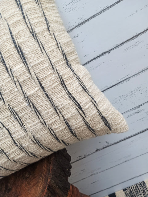 Set Of 3 Hand Tufted Texture Boho Off-White Blue Stripe Cushion Cover