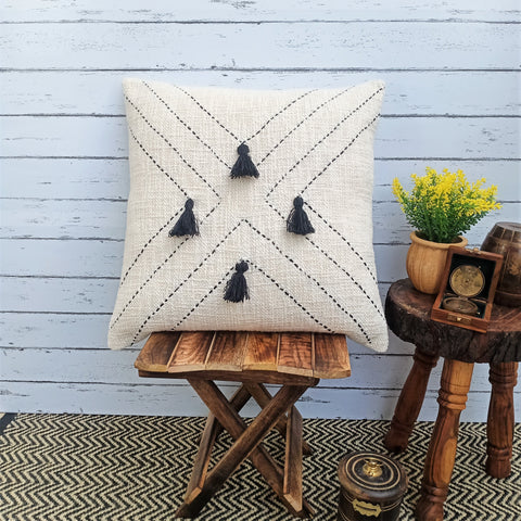 Set Of 3 Hand Kantha Texture Boho Off-White Black Tassel Cushion Cover