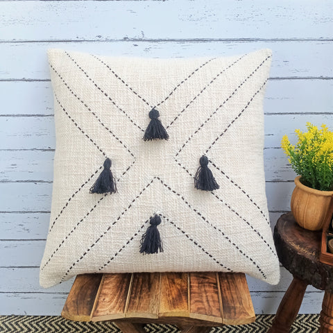 Set Of 3 Hand Kantha Texture Boho Off-White Black Tassel Cushion Cover