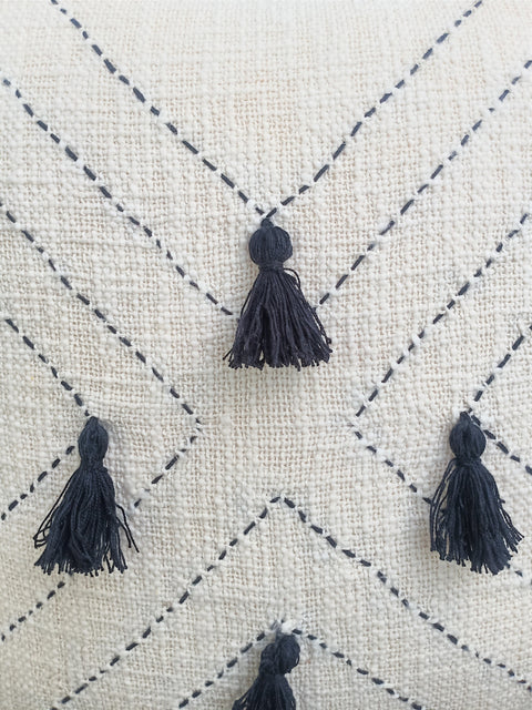 Set Of 3 Hand Kantha Texture Boho Off-White Black Tassel Cushion Cover