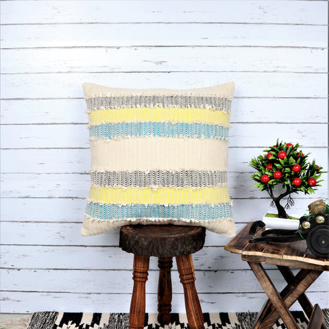 Tufted Texture Boho Off-White and Yellow Fringe Cushion Cover